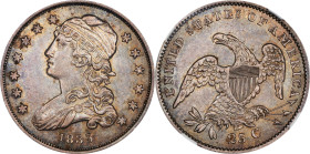 1835 Capped Bust Quarter. B-7. Rarity-2. MS-61 (NGC).
Warmly toned in pewter-gray with tinges of lilac and reddish-orange undertoning, this sharply s...