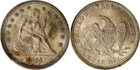 1864 Liberty Seated Quarter. MS-64 (PCGS).
Intensely lustrous surfaces glow with a delightful frosty finish. Both sides are also pleasingly toned wit...