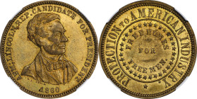 1860 Abraham Lincoln Political Medal. DeWitt-AL 1860-52, Cunningham 1-630B, King-49. Brass. AU-58 (NGC).
27 mm.

Estimate: $150
