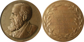 "1889" Benjamin Harrison Presidential Medal. Julian PR-24, var. Bronze, Olive Finish. MS-65 (NGC).
77 mm. Pale olive-gold surfaces are unlike any tha...