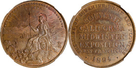 1894 California Midwinter Exposition Medal. Type II. HK-245a, SH 7-2 BS. Rarity-5. Brass. Narrow EUREKA. MS-62 (NGC).
33 mm.

Estimate: $200