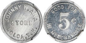 Koloa. Undated Johnny W. Awa Token. 5 Cents. Medcalf-Russell 2TC-2. Aluminum. Plain Edge. MS-64 (NGC).
19 mm.

Estimate: $200
