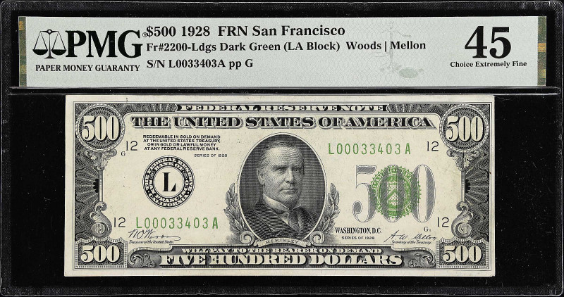 Fr. 2200-Ldgs. 1928 Dark Green Seal $500 Federal Reserve Note. San Francisco. PM...