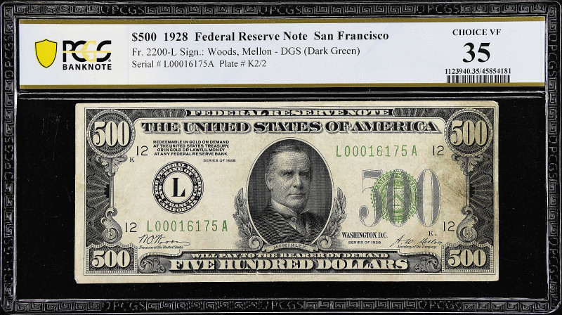 Fr. 2200-Ldgs. 1928 Dark Green Seal $500 Federal Reserve Note. San Francisco. PC...
