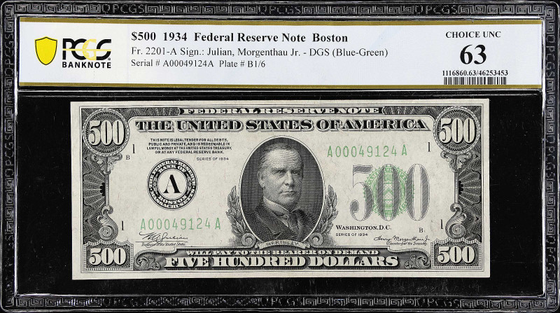 Fr. 2201-A. 1934 Dark Green Seal $500 Federal Reserve Note. Boston. PCGS Banknot...