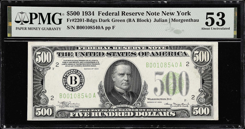 Fr. 2201-Bdgs. 1934 Dark Green Seal $500 Federal Reserve Note. New York. PMG Abo...