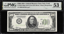 Fr. 2201-Bdgs. 1934 Dark Green Seal $500 Federal Reserve Note. New York. PMG About Uncirculated 53.

Estimate: $3000.00- $3600.00