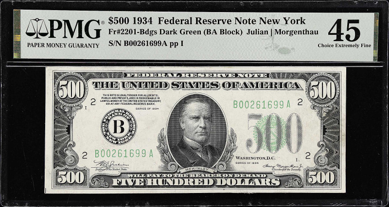 Fr. 2201-Bdgs. 1934 Dark Green Seal $500 Federal Reserve Note. New York. PMG Cho...