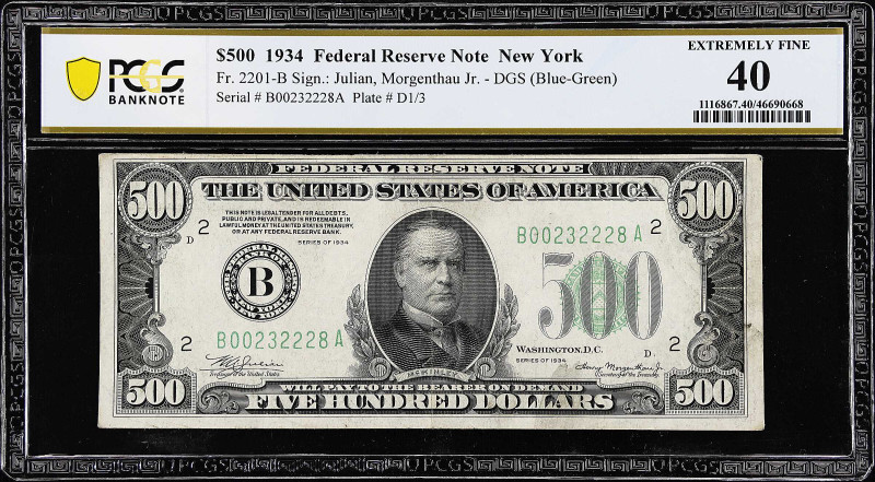 Fr. 2201-B. 1934 Dark Green Seal $500 Federal Reserve Note. New York. PCGS Bankn...