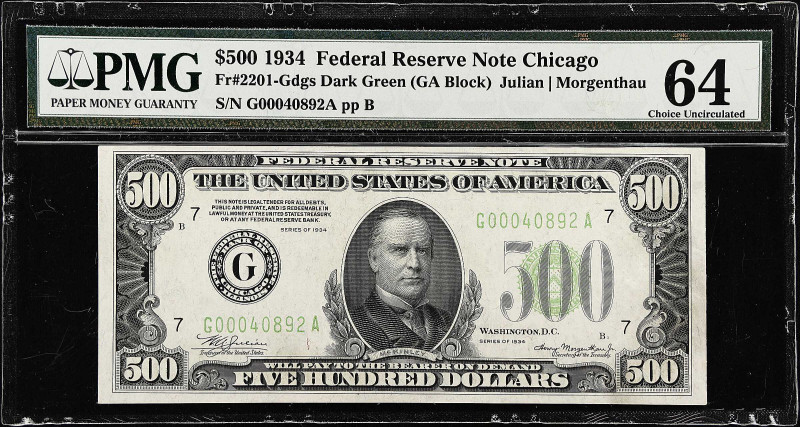 Fr. 2201-Gdgs. 1934 Dark Green Seal $500 Federal Reserve Note. Chicago. PMG Choi...