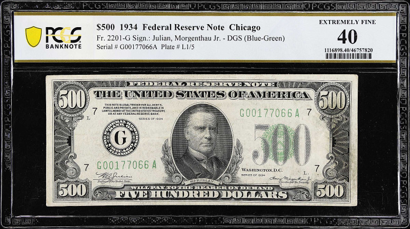 Fr. 2201-G. 1934 Dark Green Seal $500 Federal Reserve Note. Chicago. PCGS Bankno...