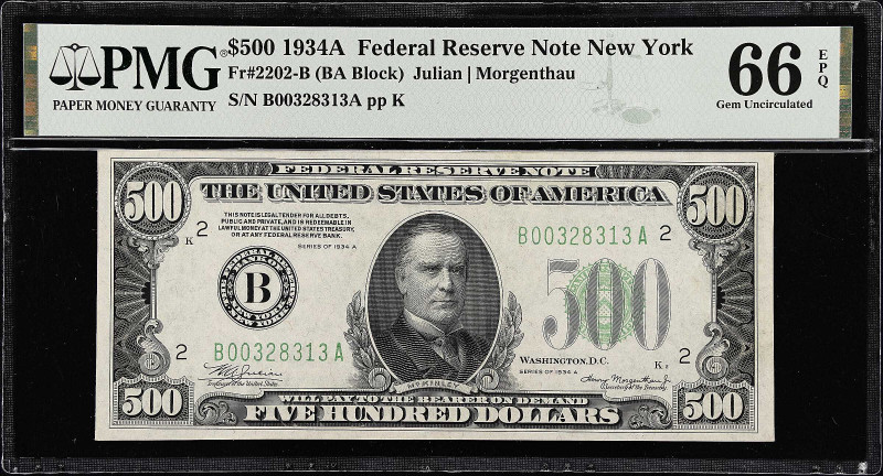 Fr. 2202-B. 1934A $500 Federal Reserve Note. New York. PMG Gem Uncirculated 66 E...