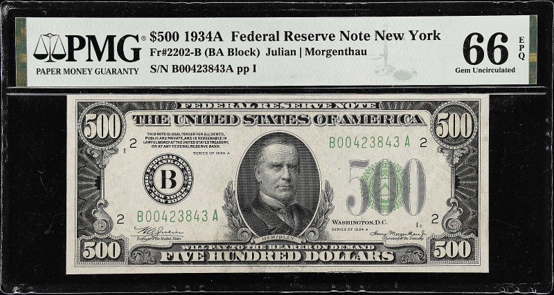 Fr. 2202-B. 1934A $500 Federal Reserve Note. New York. PMG Gem Uncirculated 66 E...