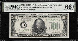 Fr. 2202-B. 1934A $500 Federal Reserve Note. New York. PMG Gem Uncirculated 66 EPQ.
A visually stunning $500 from the New York district. Key to condi...