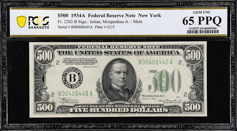 Fr. 2202-B. 1934A $500 Federal Reserve Mule Note. New York. PCGS Banknote Gem Un...