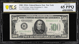 Fr. 2202-B. 1934A $500 Federal Reserve Mule Note. New York. PCGS Banknote Gem Uncirculated 65 PPQ.
An impressive Gem Mule note from the New York dist...
