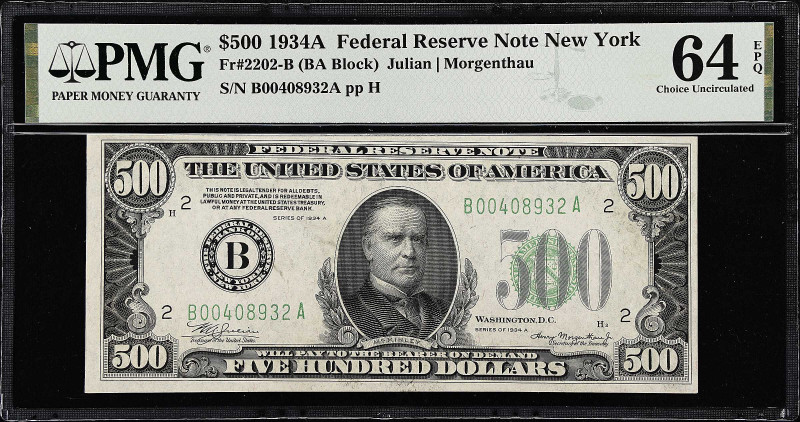 Fr. 2202-B. 1934A $500 Federal Reserve Note. New York. PMG Choice Uncirculated 6...
