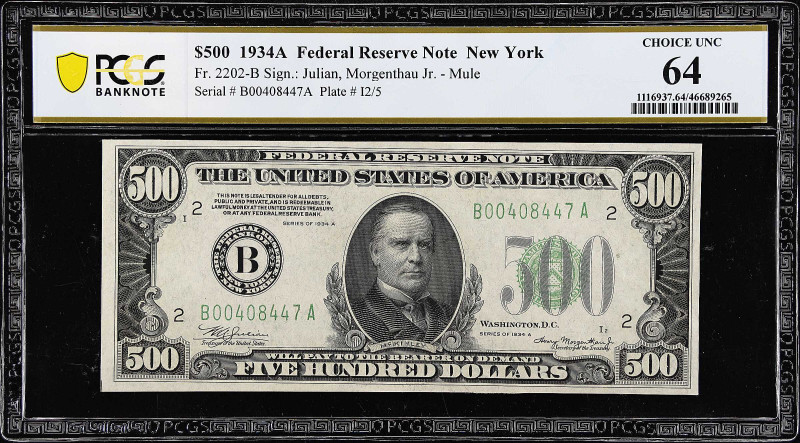 Fr. 2202-B. 1934A $500 Federal Reserve Mule Note. New York. PCGS Banknote Choice...