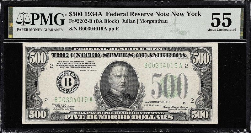 Fr. 2202-B. 1934A $500 Federal Reserve Note. New York. PMG About Uncirculated 55...
