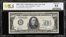Fr. 2202-B. 1934A $500 Federal Reserve Mule Note. New York. PCGS Banknote About Uncirculated 53.

Estimate: $3000.00- $3600.00