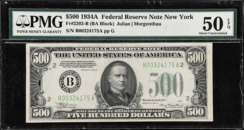 Fr. 2202-B. 1934A $500 Federal Reserve Note. New York. PMG About Uncirculated 50...