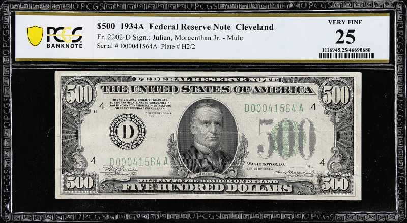 Fr. 2202-D. 1934A $500 Federal Reserve Mule Note. Cleveland. PCGS Banknote Very ...