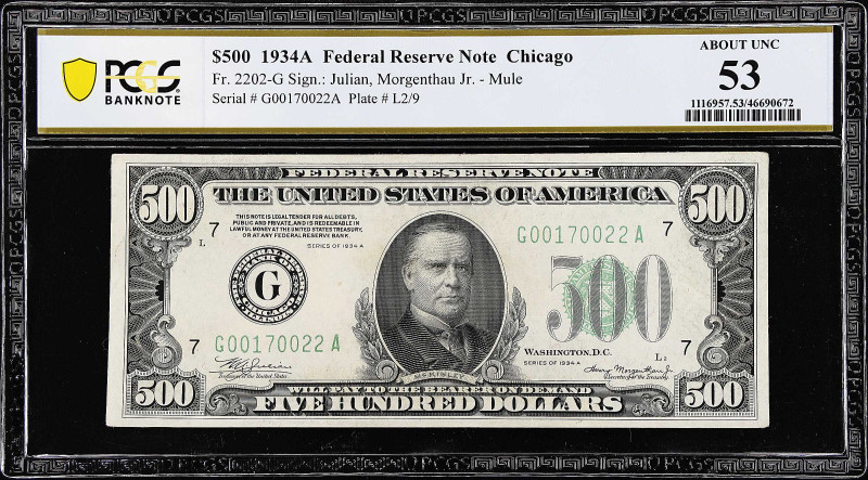 Fr. 2202-G. 1934A $500 Federal Reserve Mule Note. Chicago. PCGS Banknote About U...