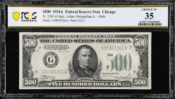 Fr. 2202-G. 1934A $500 Federal Reserve Mule Note. Chicago. PCGS Banknote Choice Very Fine 35.

Estimate: $1800.00- $2400.00