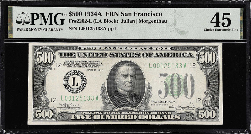 Fr. 2202-L. 1934A $500 Federal Reserve Note. San Francisco. PMG Choice Extremely...