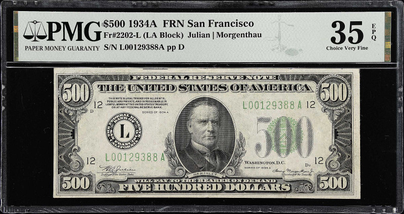 Fr. 2202-L. 1934A $500 Federal Reserve Note. San Francisco. PMG Choice Very Fine...