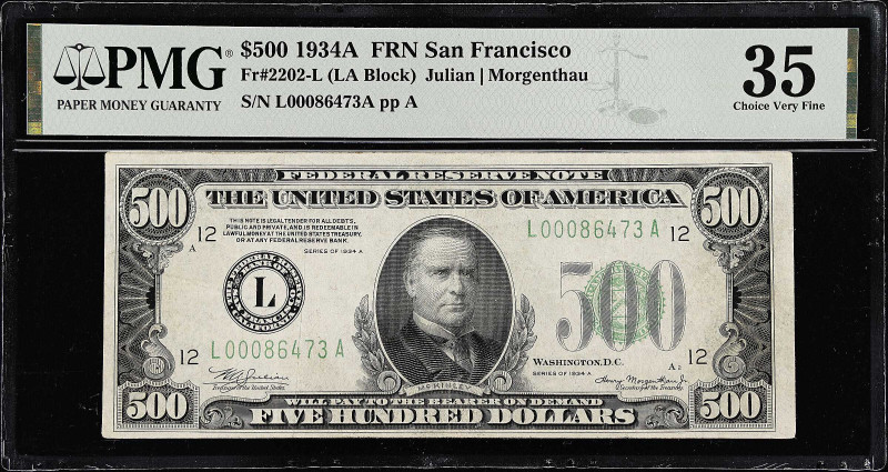Fr. 2202-L. 1934A $500 Federal Reserve Note. San Francisco. PMG Choice Very Fine...