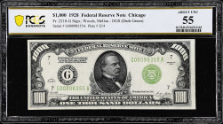 Fr. 2210-G. 1928 Dark Green Seal $1000 Federal Reserve Note. Chicago. PCGS Banknote About Uncirculated 55.
This Chicago One Thousand hails from the v...