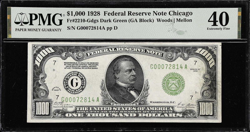 Fr. 2210-Gdgs. 1928 Dark Green Seal $1000 Federal Reserve Note. Chicago. PMG Ext...