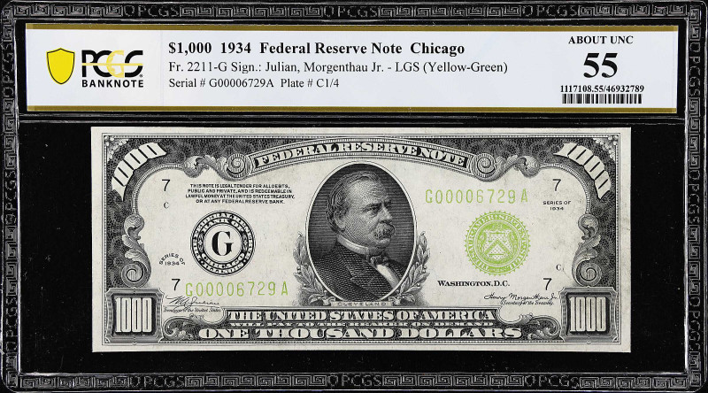 Fr. 2211-G. 1934 Light Green Seal $1000 Federal Reserve Note. Chicago. PCGS Bank...