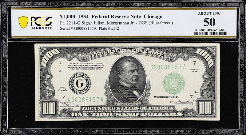Fr. 2211-G. 1934 Dark Green Seal $1000 Federal Reserve Note. Chicago. PCGS Bankn...