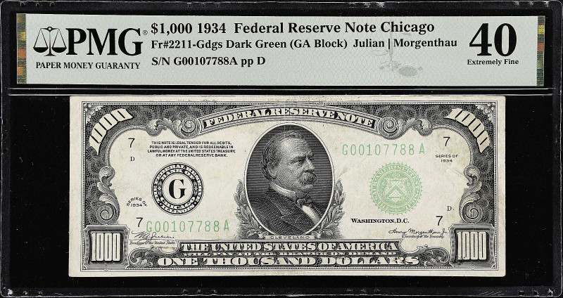 Fr. 2211-Gdgs. 1934 Dark Green Seal $1000 Federal Reserve Note. Chicago. PMG Ext...
