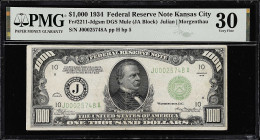 Fr. 2211-Jdgsm. 1934 Dark Green Seal $1000 Federal Reserve Mule Note. Kansas City. PMG Very Fine 30.

Estimate: $3400.00- $3900.00