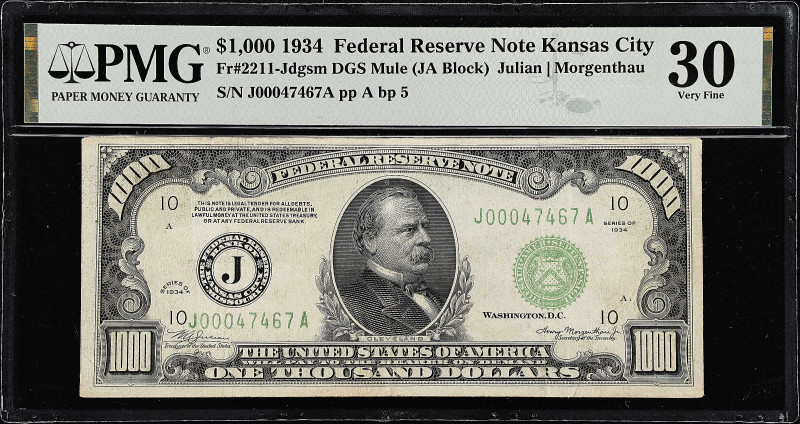Fr. 2211-Jdgsm. 1934 Dark Green Seal $1000 Federal Reserve Mule Note. Kansas Cit...
