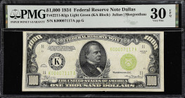 Fr. 2211-Klgs. 1934 Light Green Seal $1000 Federal Reserve Note. Dallas. PMG Very Fine 30 EPQ.
A better Dallas district note, and a light green seal ...
