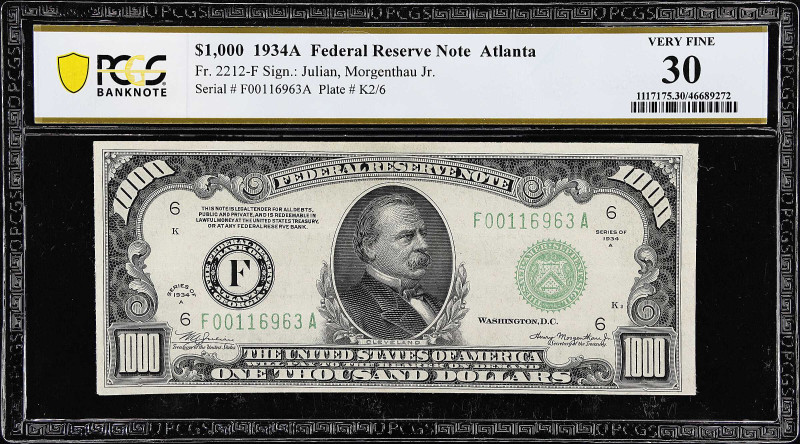 Fr. 2212-F. 1934A $1000 Federal Reserve Note. Atlanta. PCGS Banknote Very Fine 3...