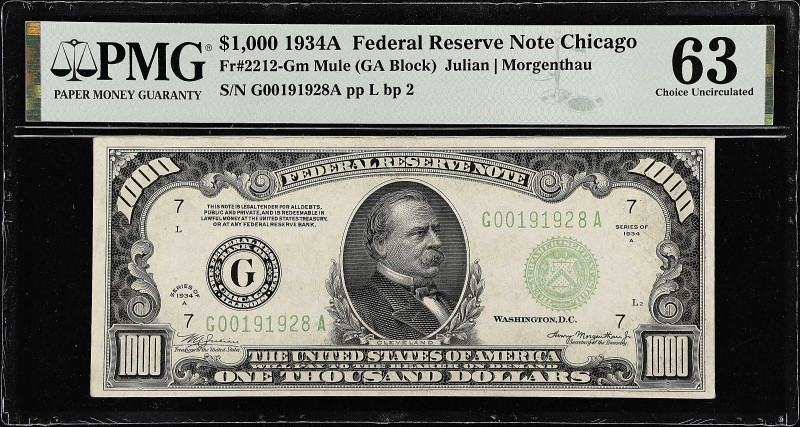 Fr. 2212-Gm. 1934A $1000 Federal Reserve Mule Note. Chicago. PMG Choice Uncircul...
