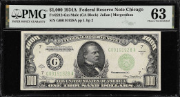 Fr. 2212-Gm. 1934A $1000 Federal Reserve Mule Note. Chicago. PMG Choice Uncirculated 63.
A tough grade to locate for this mule variety. Incredibly po...