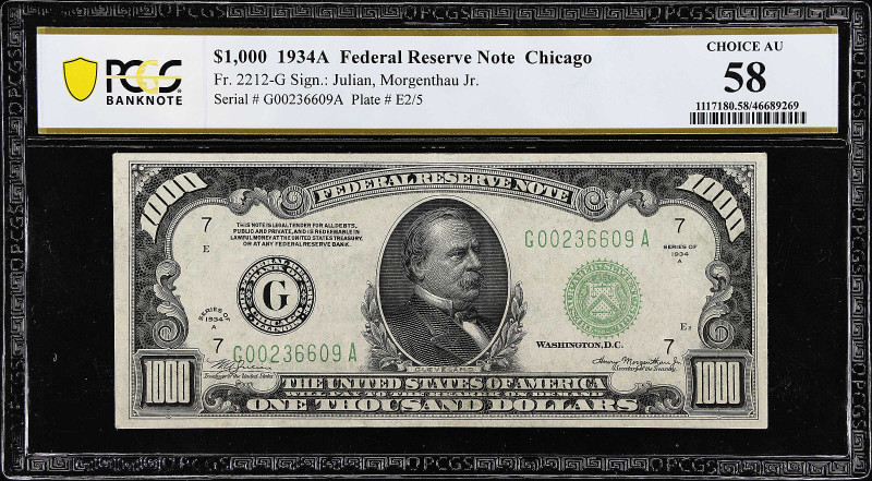 Fr. 2212-G. 1934A $1000 Federal Reserve Note. Chicago. PCGS Banknote Choice Abou...