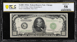 Fr. 2212-G. 1934A $1000 Federal Reserve Note. Chicago. PCGS Banknote Choice About Uncirculated 58.
Wide margins give this Chicago One Thousand a nice...