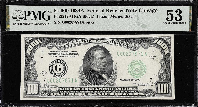 Fr. 2212-G. 1934A $1000 Federal Reserve Note. Chicago. PMG About Uncirculated 53...