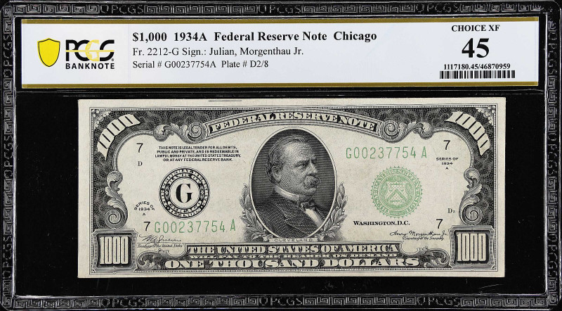 Fr. 2212-G. 1934A $1000 Federal Reserve Note. Chicago. PCGS Banknote Choice Extr...