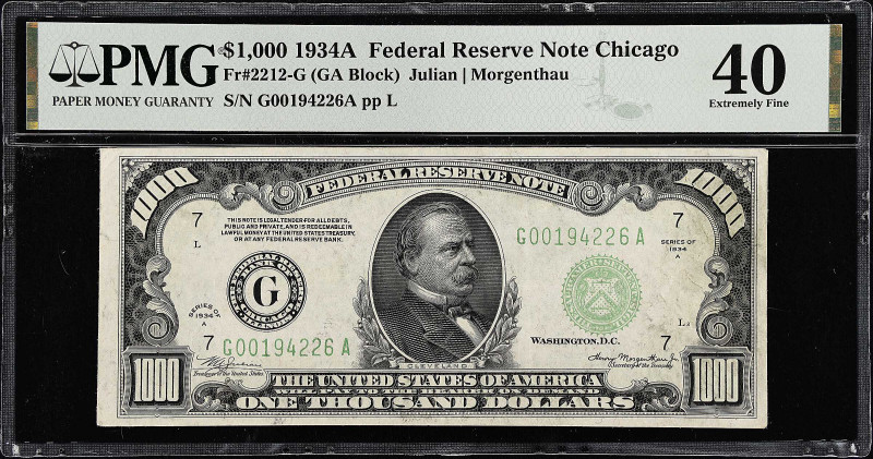 Fr. 2212-G. 1934A $1000 Federal Reserve Note. Chicago. PMG Extremely Fine 40.
...