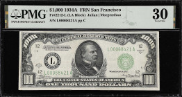 Fr. 2212-L. 1934A $1000 Federal Reserve Note. San Francisco. PMG Very Fine 30.

Estimate: $3400.00- $3900.00