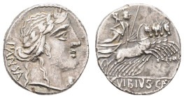 Antike Römer
Münzen Römische Republik Vibius, Denar (3,76 g), 90 v. Chr. Av.: Belorbeerter Kopf des Apollon nach rechts, links Inschrift: PANSA. Rev....