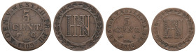 Deutschland 1800-1871 Westfalen
 Lot aus zwei westfälischen Centimes Jérome Napoléons: 3 Centime (4,23 g), 1812 C, LMN 730, ss und 5 Centime (6,75 g)...